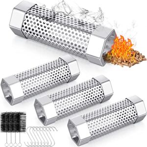 4 pcs pellet smoker tube 6 inches stainless steel perforated bbq wood pellet tube smoker with 8 hooks and 4 brushes for cold/hot smoking cheese, pork, fish, nuts, beef