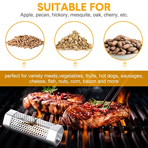 4 Pcs Pellet Smoker Tube 6 Inches Stainless Steel Perforated BBQ Wood Pellet Tube Smoker with 8 Hooks and 4 Brushes for Cold/hot Smoking Cheese, Pork, Fish, Nuts, Beef