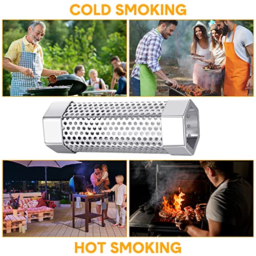 4 Pcs Pellet Smoker Tube 6 Inches Stainless Steel Perforated BBQ Wood Pellet Tube Smoker with 8 Hooks and 4 Brushes for Cold/hot Smoking Cheese, Pork, Fish, Nuts, Beef