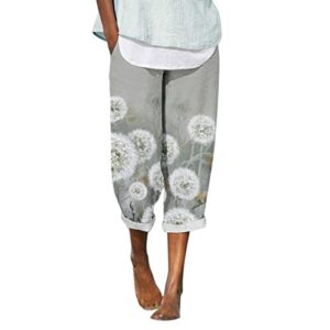 Kingspinner Womens Capri Graphics Pants Women's Linen Pants Flowers Print Women's Linen Cropped Pants