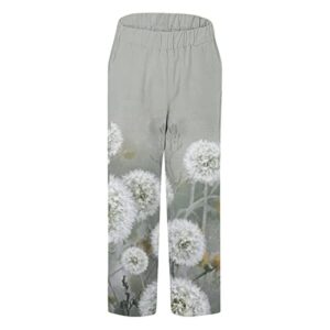 Kingspinner Womens Capri Graphics Pants Women's Linen Pants Flowers Print Women's Linen Cropped Pants