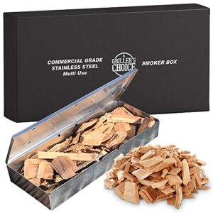 smoker wood chip box for bbq grill. add wood chips to tray for the best tasting barbeque. stainless steel thick box for gas, charcoal and wood. best grilling accessory – tool. by grillers choice