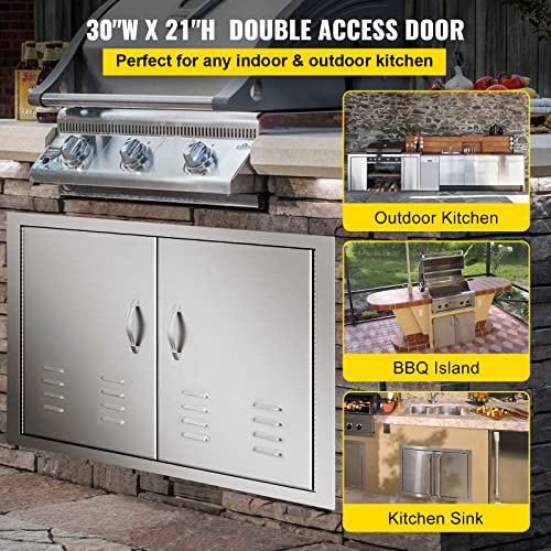 Mophorn Outdoor Kitchen Doors, 30W x 21H Inch, 304 Stainless Steel Double Doors with Vents, BBQ Access Door with 2 Detachable Handles and 6 Hooks, for BBQ Island