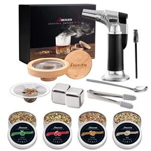 benjen cocktail smoker kit with torch | four kinds of wood smoker chips for whiskey and bourbon, infuse cocktails,wine,whiskey | bar set | birthday gifts for him/father/husband/self/father’s day