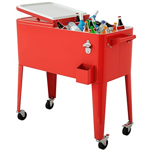 Giantex 80 Quart Rolling Cooler Cart, Steel Patio Cooler with Locking Wheels, Bottle Opener, Drain Plug, Outdoor Beverage Bar Cooler Trolley Ice Chest for Party Cookouts Backyard BBQ (Red)