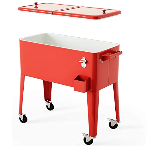 Giantex 80 Quart Rolling Cooler Cart, Steel Patio Cooler with Locking Wheels, Bottle Opener, Drain Plug, Outdoor Beverage Bar Cooler Trolley Ice Chest for Party Cookouts Backyard BBQ (Red)