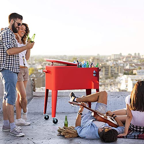 Giantex 80 Quart Rolling Cooler Cart, Steel Patio Cooler with Locking Wheels, Bottle Opener, Drain Plug, Outdoor Beverage Bar Cooler Trolley Ice Chest for Party Cookouts Backyard BBQ (Red)