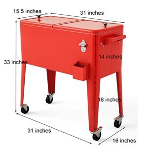 Giantex 80 Quart Rolling Cooler Cart, Steel Patio Cooler with Locking Wheels, Bottle Opener, Drain Plug, Outdoor Beverage Bar Cooler Trolley Ice Chest for Party Cookouts Backyard BBQ (Red)