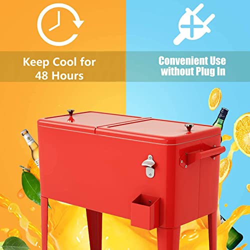 Giantex 80 Quart Rolling Cooler Cart, Steel Patio Cooler with Locking Wheels, Bottle Opener, Drain Plug, Outdoor Beverage Bar Cooler Trolley Ice Chest for Party Cookouts Backyard BBQ (Red)