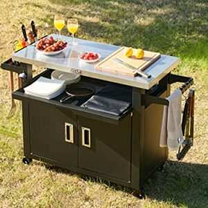 NUUK Pro 42-Inch Rolling Outdoor Kitchen Island and BBQ Serving Cart, with Heavy Duty Wooden Cutting Board and Propane Tank Holder