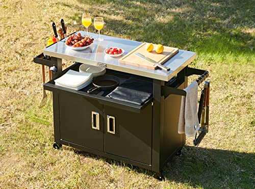 NUUK Pro 42-Inch Rolling Outdoor Kitchen Island and BBQ Serving Cart, with Heavy Duty Wooden Cutting Board and Propane Tank Holder