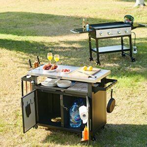 NUUK Pro 42-Inch Rolling Outdoor Kitchen Island and BBQ Serving Cart, with Heavy Duty Wooden Cutting Board and Propane Tank Holder