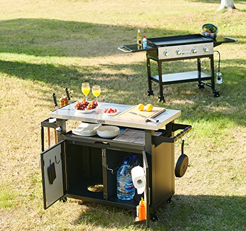 NUUK Pro 42-Inch Rolling Outdoor Kitchen Island and BBQ Serving Cart, with Heavy Duty Wooden Cutting Board and Propane Tank Holder