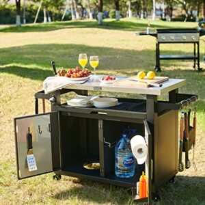 NUUK Pro 42-Inch Rolling Outdoor Kitchen Island and BBQ Serving Cart, with Heavy Duty Wooden Cutting Board and Propane Tank Holder