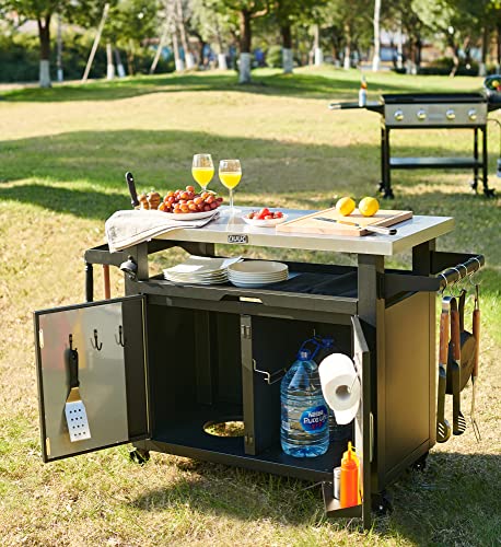 NUUK Pro 42-Inch Rolling Outdoor Kitchen Island and BBQ Serving Cart, with Heavy Duty Wooden Cutting Board and Propane Tank Holder