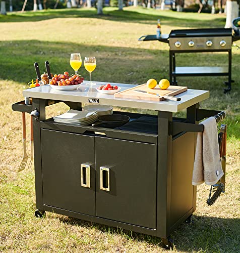 NUUK Pro 42-Inch Rolling Outdoor Kitchen Island and BBQ Serving Cart, with Heavy Duty Wooden Cutting Board and Propane Tank Holder