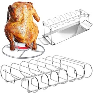 chicken leg and wing rack for grill, 2 pcs beer can chicken holder for oven, and large rib rack for smoking bundle – premium quality stainless steel – easy to use and clean
