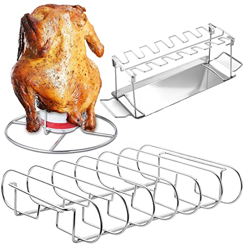 Chicken Leg and Wing Rack for Grill, 2 Pcs Beer Can Chicken Holder for Oven, and Large Rib Rack for Smoking Bundle - Premium Quality Stainless Steel - Easy to Use and Clean