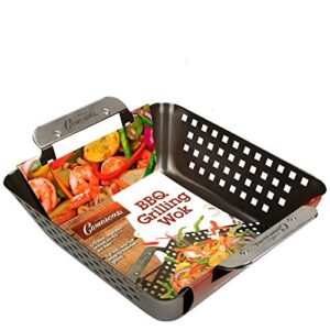 barbecue grilling wok – heavy duty non-stick bbq grill basket w stainless steel handles – 3″ deep pan keeps meat & vegetables inside – indoor outdoor use – great for summer bbqs and father’s day gift