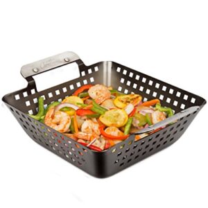 Barbecue Grilling Wok - Heavy Duty Non-Stick BBQ Grill Basket w Stainless Steel Handles - 3" Deep Pan Keeps Meat & Vegetables Inside - Indoor Outdoor Use - Great for Summer BBQs and Father's Day Gift