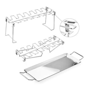 Chicken Leg Rack for Grill with Dip Tray and Large Rib Rack for Smoking Bundle - High Grade Stainless Steel - Easy to Use and Clean