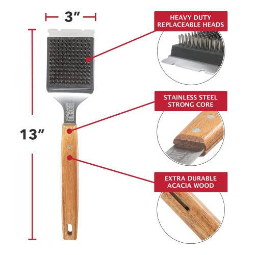 BBQ-Aid Grill Brush and Scraper for Barbecue – Grill Brush for Outdoor Grill with Extended, Large Wooden Handle and Replaceable Stainless Steel Bristles Head –No Scratch- BBQ Grill Brush for Any Grill