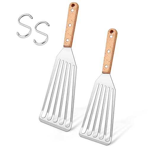 Joyfair Fish Spatulas Set, 2Pcs Metal Slotted Turner with Wooden Handle for Grilling Frying, Stainless Steel BBQ Flipper Spatula for Griddle Flattop, Thin Edge for Easy Turning & Flipping Pancake Meat