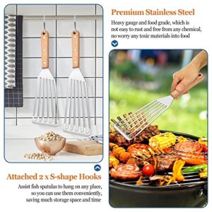 Joyfair Fish Spatulas Set, 2Pcs Metal Slotted Turner with Wooden Handle for Grilling Frying, Stainless Steel BBQ Flipper Spatula for Griddle Flattop, Thin Edge for Easy Turning & Flipping Pancake Meat