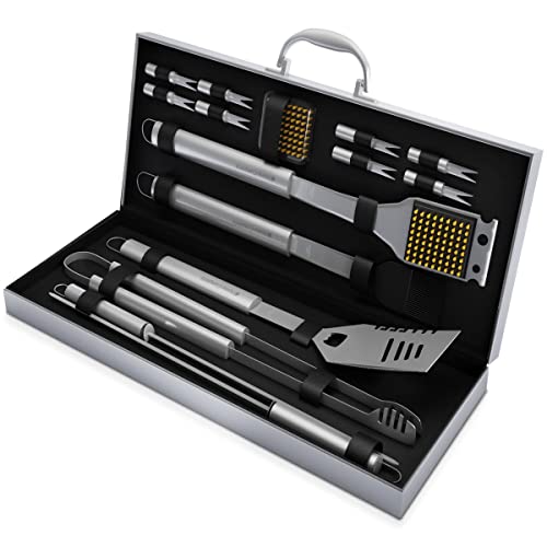 Home-Complete HC-1000 BBQ Accessories – 16PC Grill Set with Spatula, Tongs, Skewers, Case – Barbecue Tools for Father’s Day, Wedding, Anniversary, 16 pc, Silver