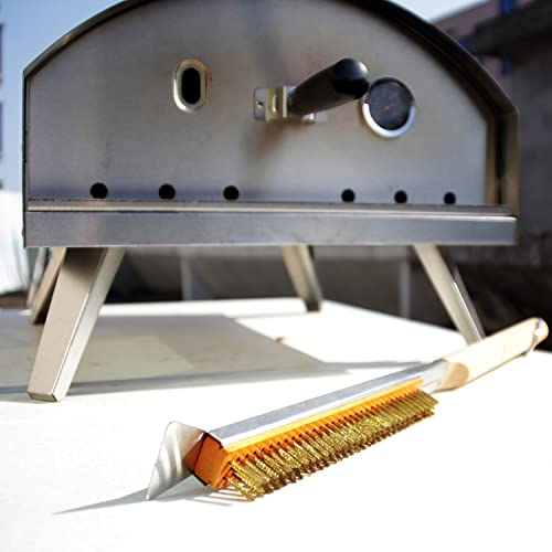 Mauncode 21 Inch Pizza Stone Brush with Scraper - Perfect Cleaning Tool for Outdoor Portable Pizza Oven, with Wood Handle & Brass Bristles