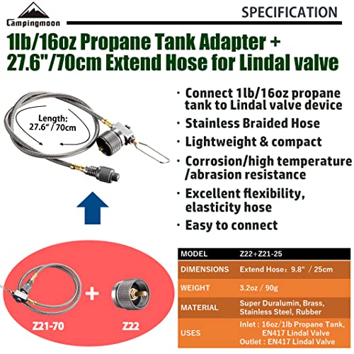 CAMPINGMOON Propane to Butane Camping Stove Adapter with Hose Valve Convert 16oz/1Lb Small Propane Tank to EN417 Lindal Valve Z22/Z21 (27.6" Length (Z22/Z21-70))