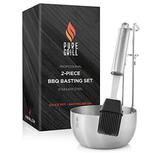 Pure Grill Stainless Steel BBQ Sauce Pot and Silicone Basting Brush - Barbecue Utensil Tool Set