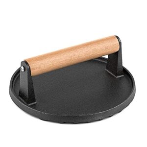 burger press round 7 inches heavy cast iron bacon press with solid wood handle for kitchen & commercial gradee – pre seasoned sandwich & grill press – quesadillas, hamburgers & steaks