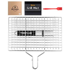 cattlegrill foldable bbq fish grill basket with 430 stainless steel, grill set includes: a reusable grill mat and a basting brush.