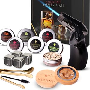 cocktail smoker kit with torch, stainless steel ice cubes – infuse the aroma of 6 kinds of wood chips in whiskey, bourbon, cocktails, wine, cheese, salad, and meats. gift for friends, husband, dad, or grandpa (no butane)
