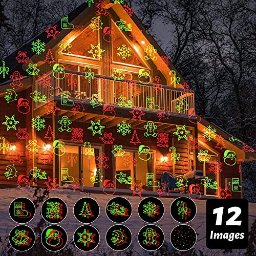 Christmas Projector Lights Outdoor, Waterproof Christmas Laser Lights with Remote Control Landscape Spotlight 12 Patterns Dynamic Static Display for Holiday Party House Garden Yard Decorations