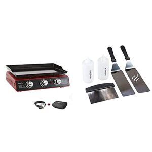 royal gourmet pd1301r 24-inch 3-burner portable table top gas grill griddle, 25,500 btus, red & blackstone 1542 flat top griddle professional grade accessory tool kit (5 pieces)