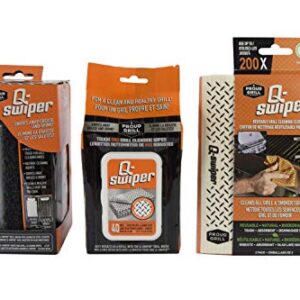 Q-Swiper BBQ Grill Cleaner Gift Bundle Set - 1 Q-Swiper Grill Brush, 65 Q-Swiper Grill Cleaning Wipes and 2 Q-Swiper Reusable Grill Cloths. Safe Way to Clean BBQ Grill Grates and Grill Exterior.