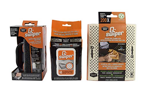 Q-Swiper BBQ Grill Cleaner Gift Bundle Set - 1 Q-Swiper Grill Brush, 65 Q-Swiper Grill Cleaning Wipes and 2 Q-Swiper Reusable Grill Cloths. Safe Way to Clean BBQ Grill Grates and Grill Exterior.