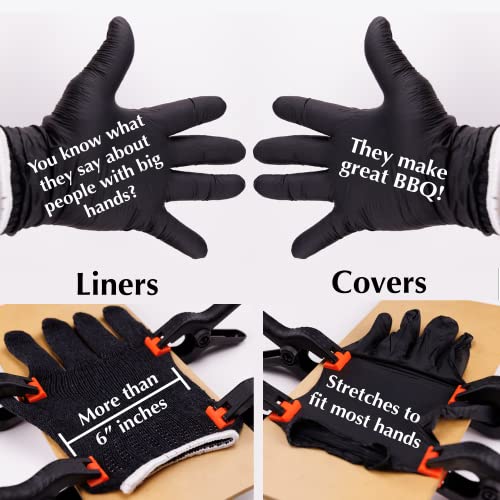 Charbasil Grilling Glove Kit – 100 Black Nitrile Gloves – 4 Thick Cotton Liners – Disposable BBQ Gloves with Washable Heat-Resistant Liners – Replaceable Cover Oven Mitt for Barbecue and Smoking Meat