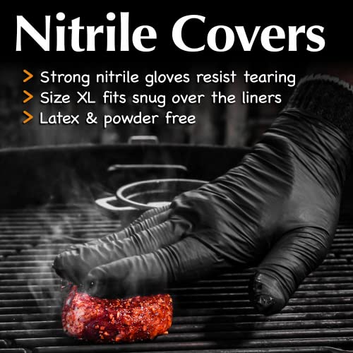 Charbasil Grilling Glove Kit – 100 Black Nitrile Gloves – 4 Thick Cotton Liners – Disposable BBQ Gloves with Washable Heat-Resistant Liners – Replaceable Cover Oven Mitt for Barbecue and Smoking Meat