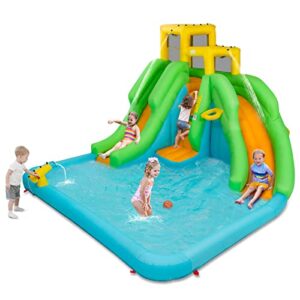 HONEY JOY Inflatable Water Slide, 6 in 1 Kids Bouncer Water Park w/Climbing Wall & 2 Long Slides, Splash Pool, Water Cannons, Indoor Outdoor Blow Up Water Slides for Backyard(Without Blower)