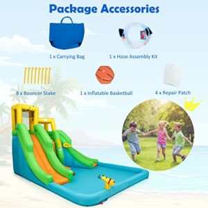 HONEY JOY Inflatable Water Slide, 6 in 1 Kids Bouncer Water Park w/Climbing Wall & 2 Long Slides, Splash Pool, Water Cannons, Indoor Outdoor Blow Up Water Slides for Backyard(Without Blower)