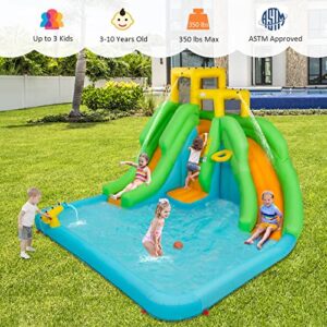 HONEY JOY Inflatable Water Slide, 6 in 1 Kids Bouncer Water Park w/Climbing Wall & 2 Long Slides, Splash Pool, Water Cannons, Indoor Outdoor Blow Up Water Slides for Backyard(Without Blower)