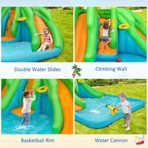 HONEY JOY Inflatable Water Slide, 6 in 1 Kids Bouncer Water Park w/Climbing Wall & 2 Long Slides, Splash Pool, Water Cannons, Indoor Outdoor Blow Up Water Slides for Backyard(Without Blower)