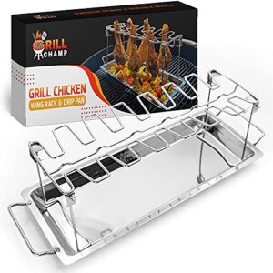 grill champ chicken leg rack for grill, bbq & smoker – stainless steel chicken wing rack grill rack – 14-slot chicken rack for drumsticks, wings, thighs – chicken racks for grilling & barbecuing