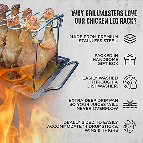 Grill Champ Chicken Leg Rack for Grill, BBQ & Smoker – Stainless Steel Chicken Wing Rack Grill Rack – 14-Slot Chicken Rack for Drumsticks, Wings, Thighs – Chicken Racks for Grilling & Barbecuing