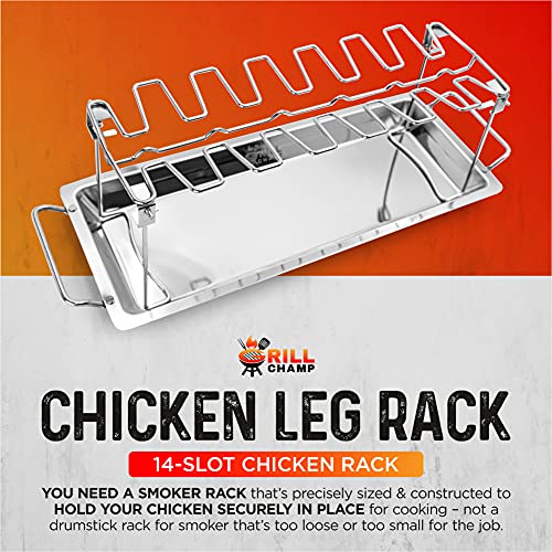 Grill Champ Chicken Leg Rack for Grill, BBQ & Smoker – Stainless Steel Chicken Wing Rack Grill Rack – 14-Slot Chicken Rack for Drumsticks, Wings, Thighs – Chicken Racks for Grilling & Barbecuing