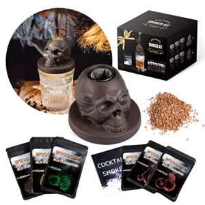 handmade skull cocktail smoker kit – 6 flavor wood chips old fashioned drink smoker infuser kit. whiskey lovers gift &father day’s gift.(brown)