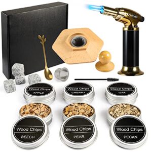 bochino cocktail smoker kit, old fashioned drink smoker kit, 6 different flavors wood chips for whiskey, bourbon,wine, drink, whiskey smoker infuser kit. gift for men, husband, dad